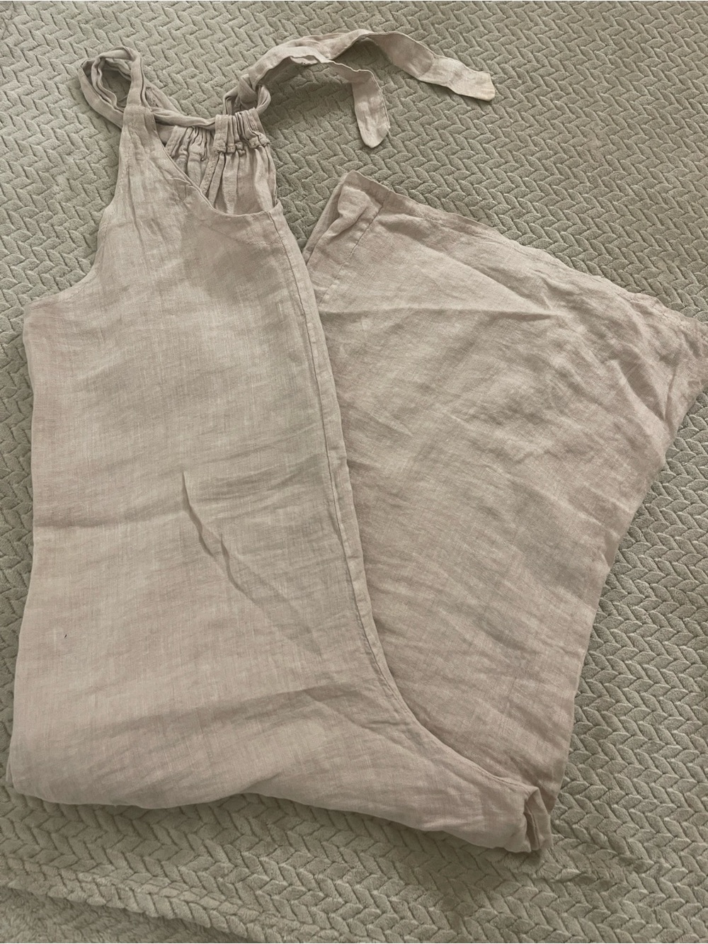 Linen Tie-Strap Wide-Leg Jumpsuit in Pale Blush